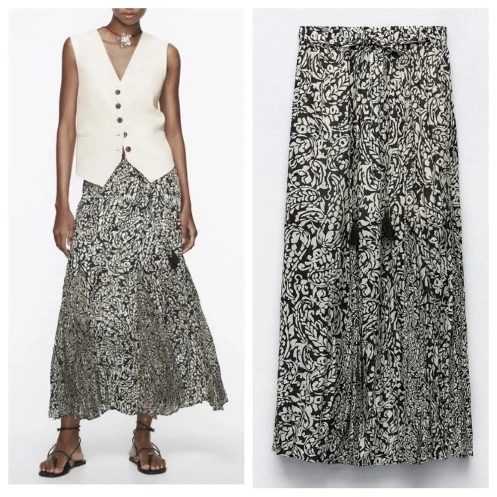 Zara Black white pattern tassel tie maxi skirt 16632